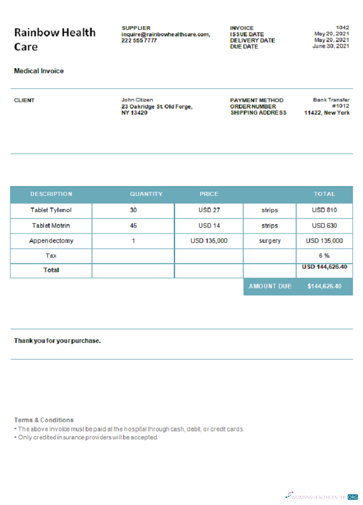 Download USA Rainbow Health Care invoice Photoshop template